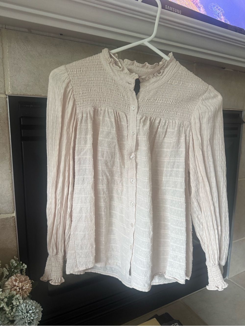 Women's Cream Button-Front Smocked Yoke Blouse